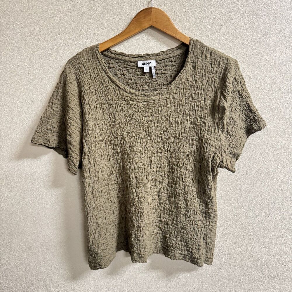 DKNY XL Olive Khaki Crinkle Textured Short Sleeve Blouse Top